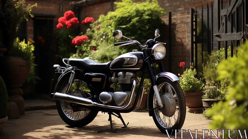 Sleek Black and Grey Motorcycle on Brick Paved Road | Retro Glamour AI Image
