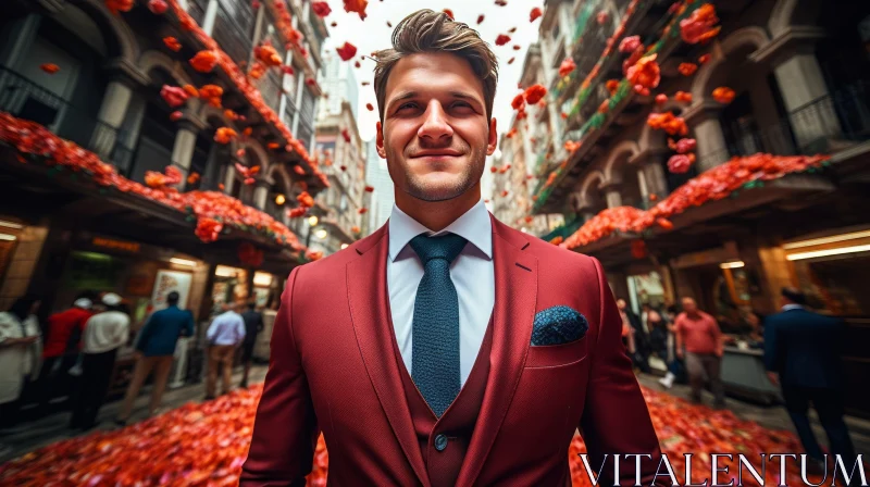 Smiling Man Surrounded by Red Flower Petals in Urban Setting AI Image