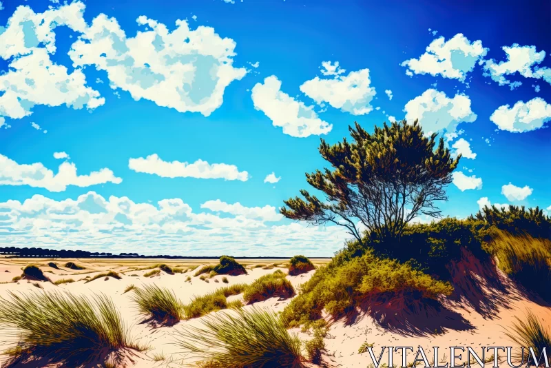 AI ART Tree near Dune: Digitally Enhanced Coastal Landscape