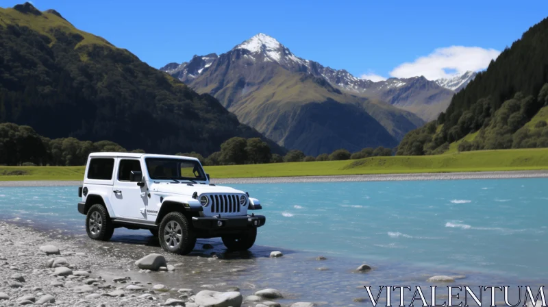 White Jeep in River Amongst Majestic Mountains - Stunning Artwork AI Image