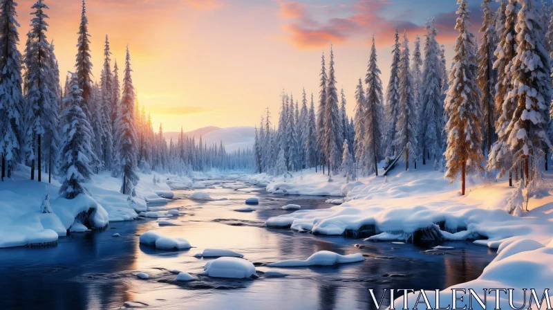 AI ART Winter Landscape with Snow-Covered Trees and Mountains at Sunset
