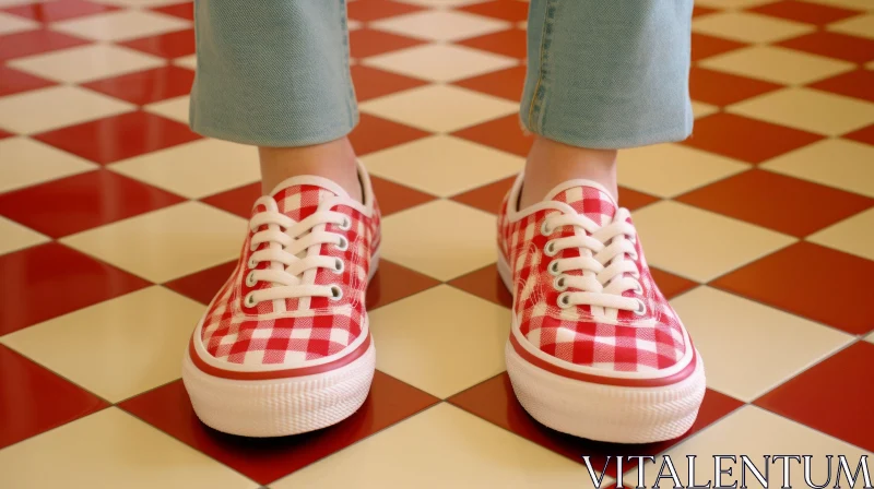 Young Woman in Blue Jeans on Checkered Floor AI Image