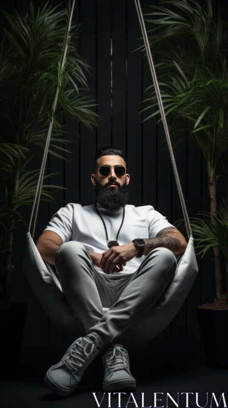 Bearded Man in Sunglasses Sitting in Hanging Chair AI Image