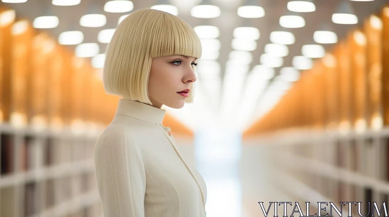 AI ART Blonde Woman in Futuristic Library