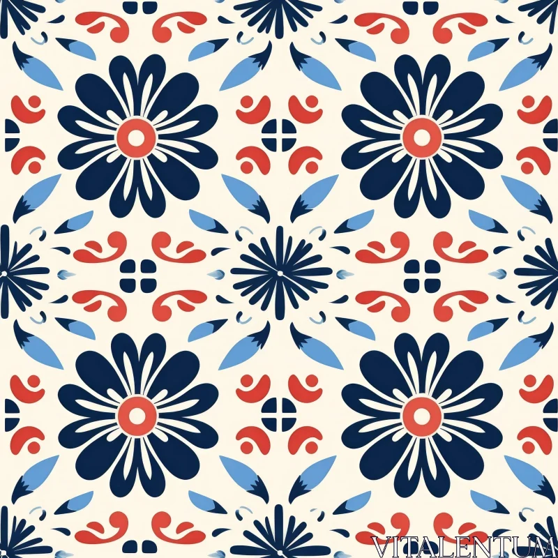 Blue and Red Floral Pattern on White Background AI Image