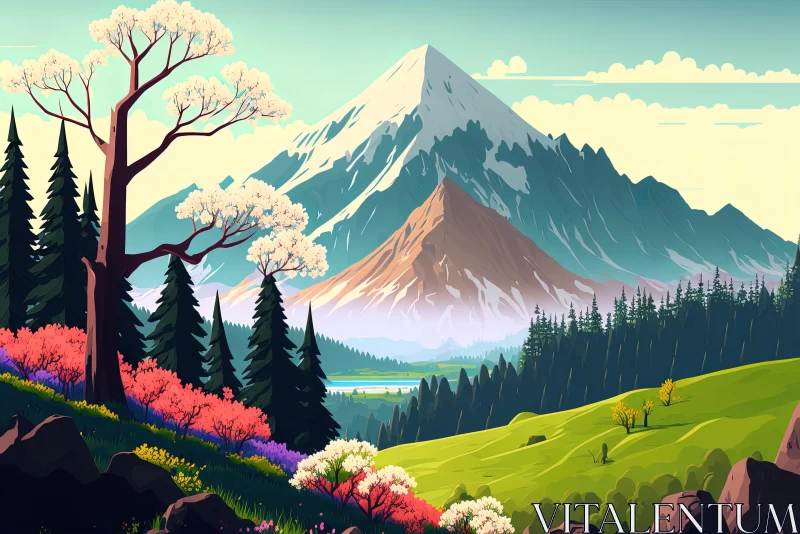 Captivating Mountain Landscape with Colorful Trees and Flowers AI Image