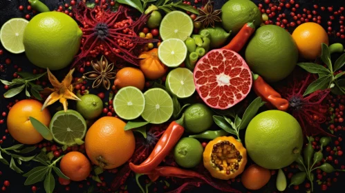 Colorful Citrus Fruits and Spices Flat Lay Composition