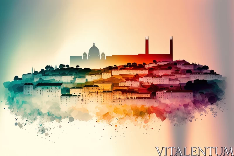 Colorful Watercolor Cityscape with Buildings and Trees - Architecture/Design AI Image