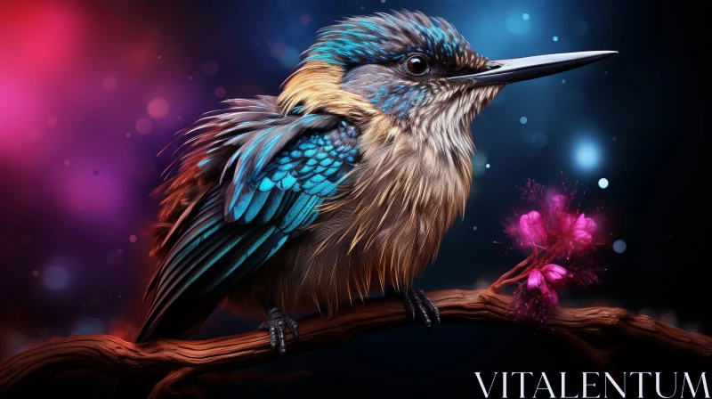 Ethereal Bird Digital Painting on Branch with Pink Flowers AI Image
