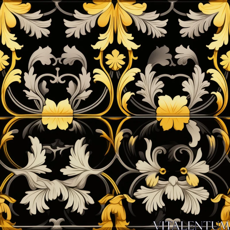 Golden and White Leaves Seamless Pattern on Black Background AI Image