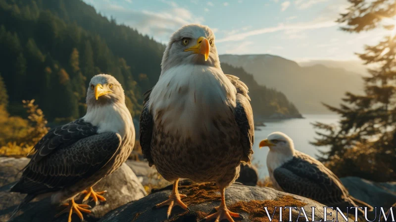 AI ART Majestic Bald Eagles at Sunset by Mountain Lake
