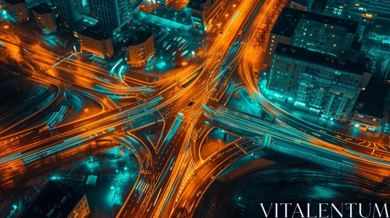 Neon Night City Intersection Aerial View AI Image