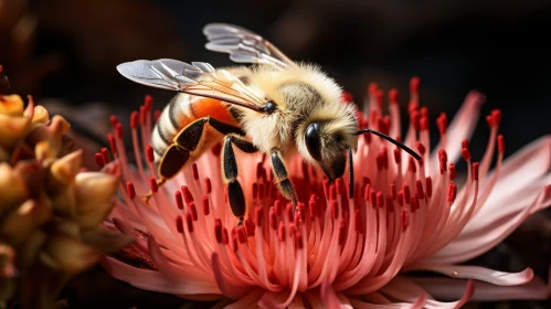 Pink Flower with Honeybee Close-Up