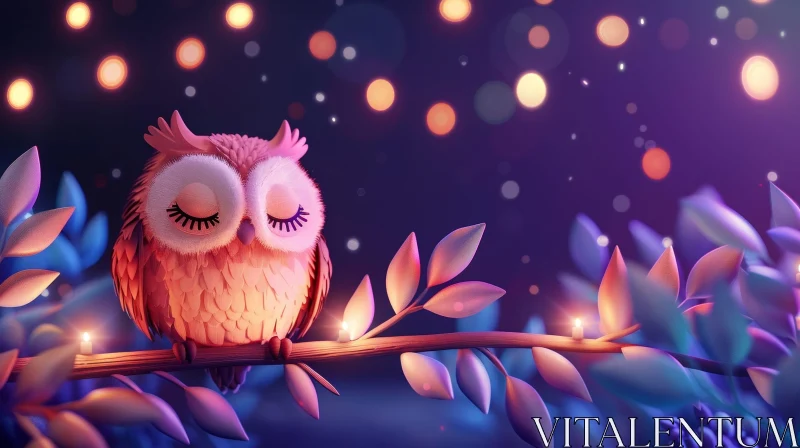 Pink Owl on Branch in Dreamy Night Sky AI Image