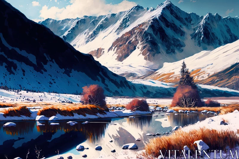 Winter Wonderland: Majestic Snowy Mountains and Tranquil Stream AI Image