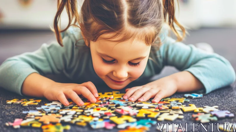 Captivating Image of a Smiling Girl Engaged in a Colorful Puzzle AI Image