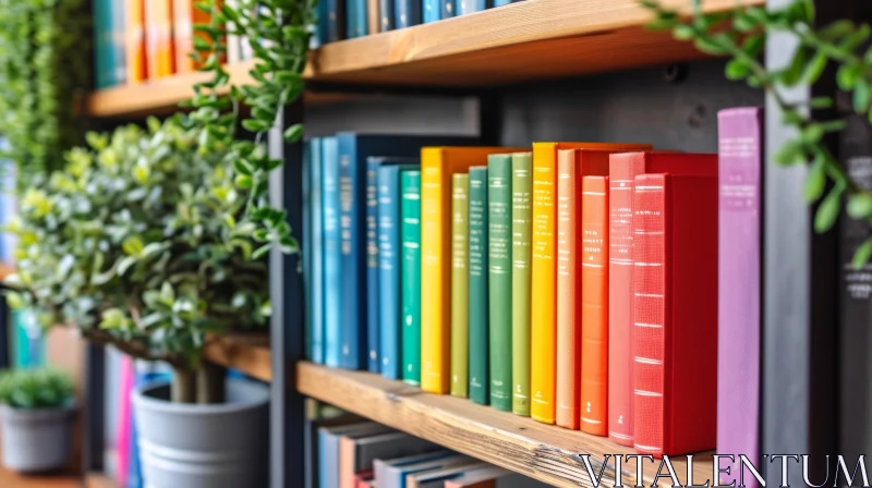Colorful Rainbow Bookshelf with Potted Plant - Abstract Art AI Image