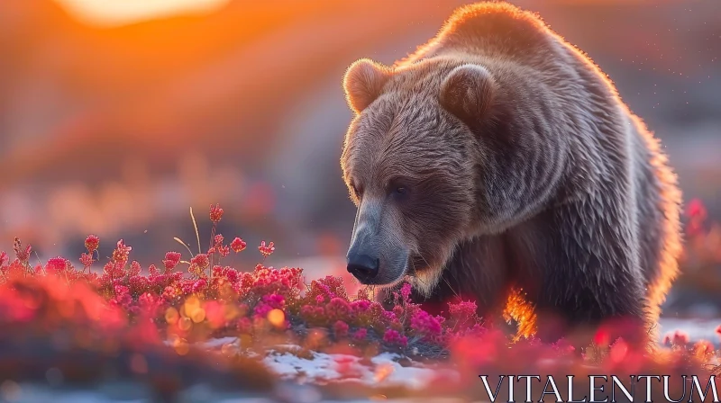 Grizzly Bear in Nature - Sunset Flowers Photography AI Image