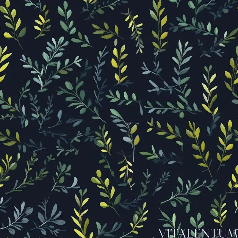 AI ART Hand-Painted Leaves Seamless Pattern on Dark Blue Background