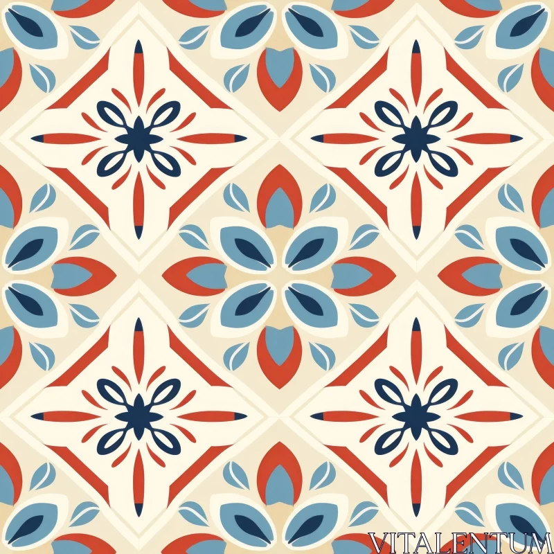 Moroccan Tiles Geometric Floral Pattern in Red, Blue, White AI Image