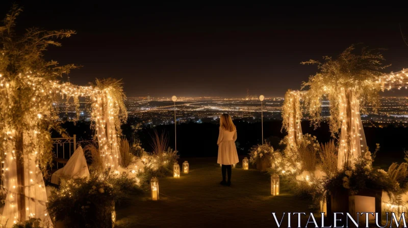 Nighttime Cityscape: Woman in White Dress Outdoors AI Image