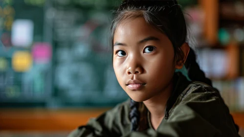 Portrait of a Young Asian Girl in a Green Jacket