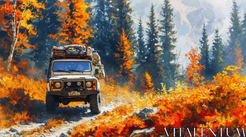 White Land Rover Defender Driving Through Autumn Forest AI Image