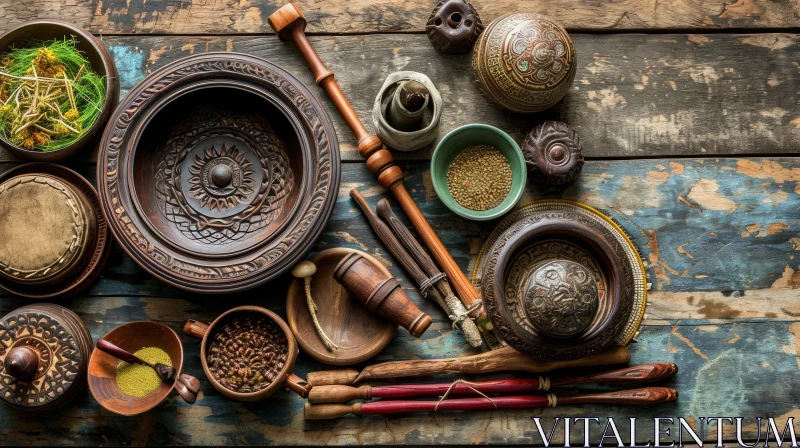 African Artifacts and Spice-filled Bowls on Wooden Table AI Image