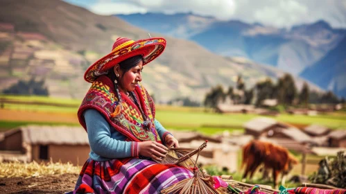 Andean Woman Weaving in Serene Mountain Landscape
