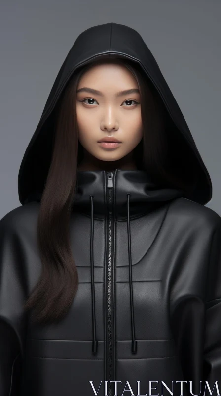 Asian Woman Portrait in Black Leather Hoodie AI Image