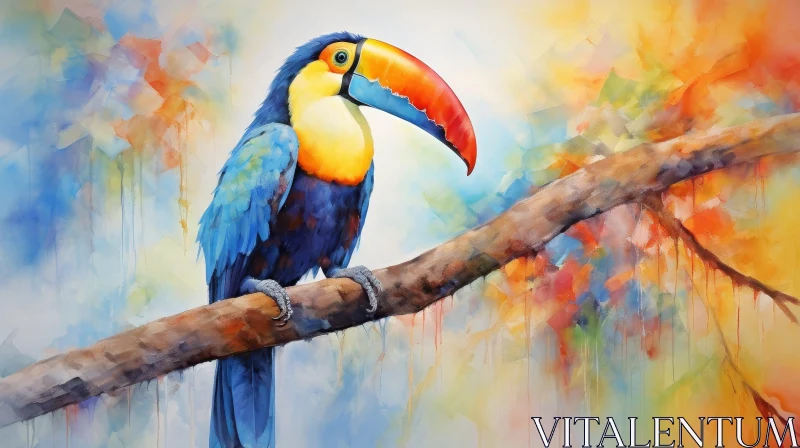 Exquisite Watercolor Painting of a Toucan on a Branch AI Image