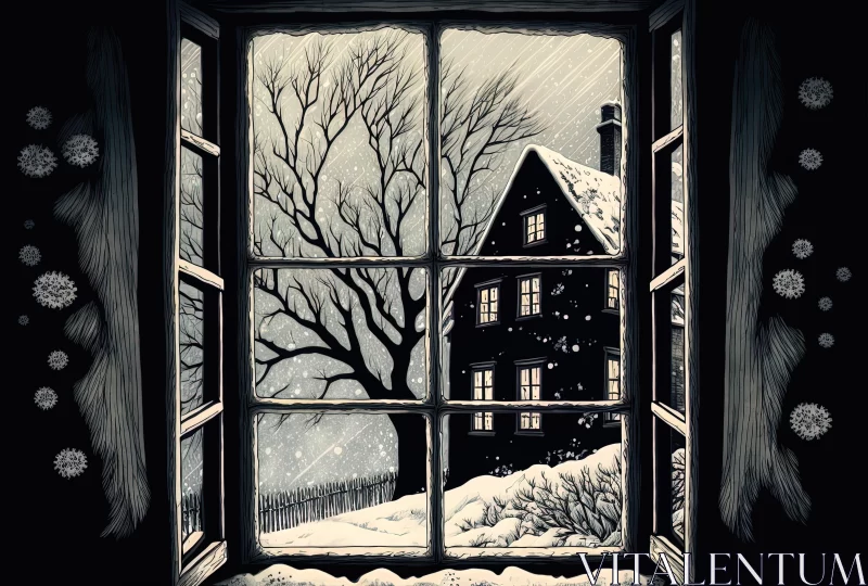 Hauntingly Beautiful Black and White Snowy Window Illustration AI Image