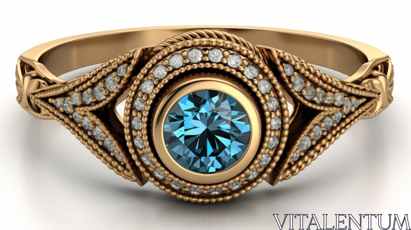 Luxurious Gold Ring with Blue Gemstone and Diamonds | 3D Rendering AI Image