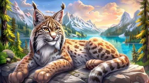 Lynx Resting on Rock at Mountain Lake - Digital Painting