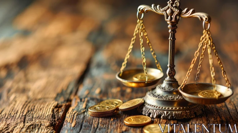 Metal Balance Scale with Golden Coins - Illustrating Law, Justice, and Wealth AI Image