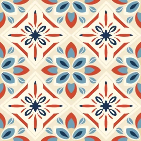 Moroccan Tiles Geometric Floral Pattern in Red, Blue, White