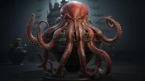 Red Octopus Steampunk 3D Rendering