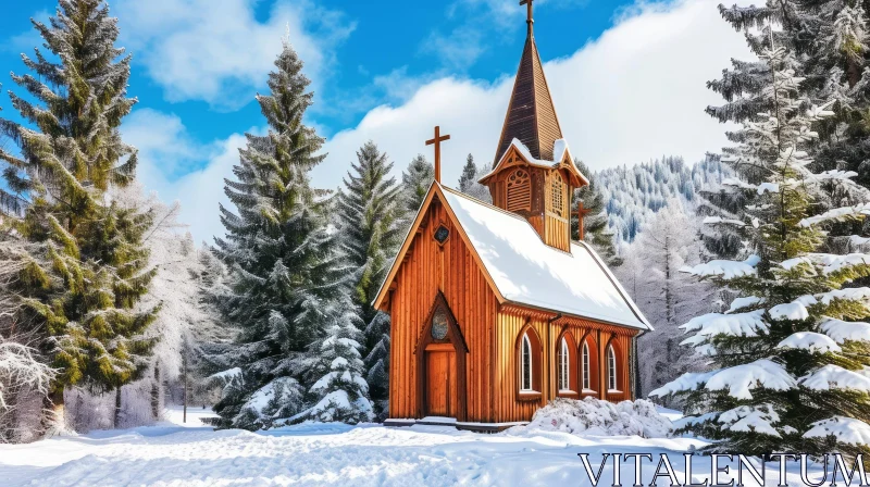 Serene Winter Landscape with Wooden Church and Snow-Covered Trees AI Image