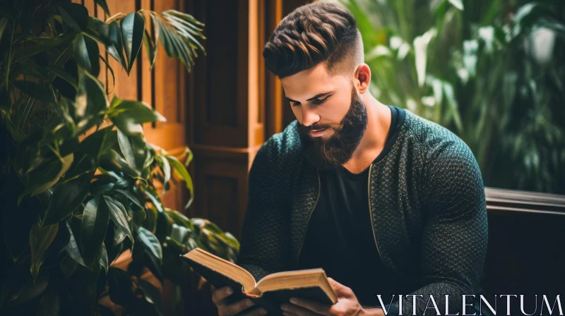 AI ART Serious Man Reading in Library | Green Plants Background