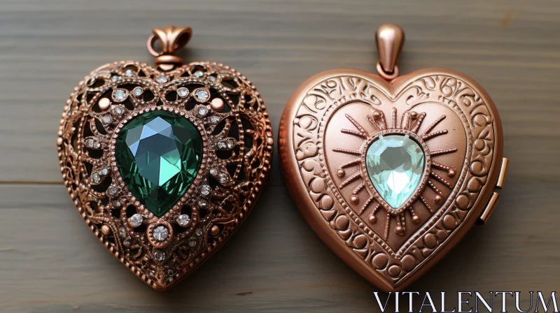 AI ART Vintage Heart-Shaped Lockets with Copper Filigree Design