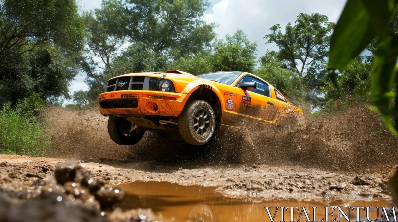 Yellow Off-Road Vehicle Jumping Over Water | Action Shot AI Image