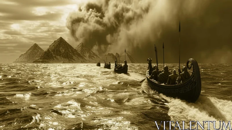 AI ART Ancient Ships Sailing on a Rough Sea - Captivating Maritime Artwork