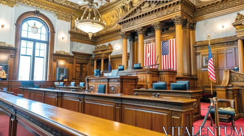 Awe-inspiring Courtroom Interior | Wood Paneling & American Flag AI Image