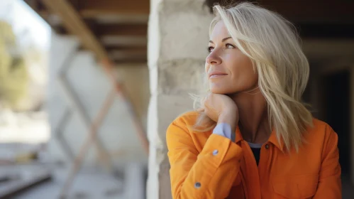 Blonde Woman in Orange Jacket at Construction Site
