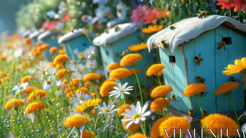 Blue Beehives in Flower Field AI Image