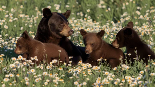 Brown Bear and Cubs in Flower Field - Wildlife Photography