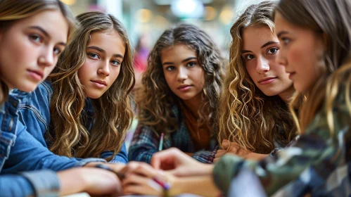 Captivating Image of Serious Teenage Girls in a Public Setting