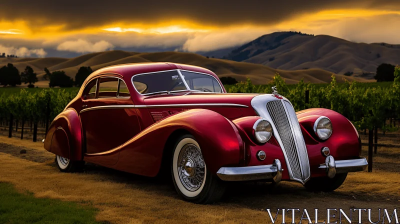 Captivating Red Car in Vineyard - Streamline Elegance and Dramatic Splendor AI Image