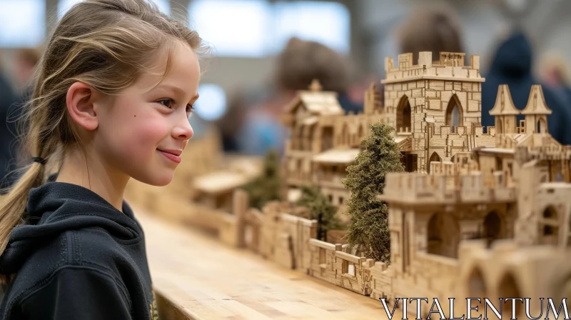 Captivating Wooden Castle Model: Delightful Girl's Discovery AI Image