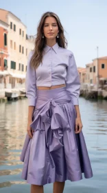 Elegant Woman in Purple Silk Blouse and Skirt on Venice Pier